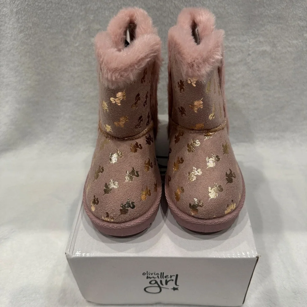 Olivia Miller Girl Pink Gold Unicorn Faux Fur Trim Winter Boots Kids Size 10 NIN